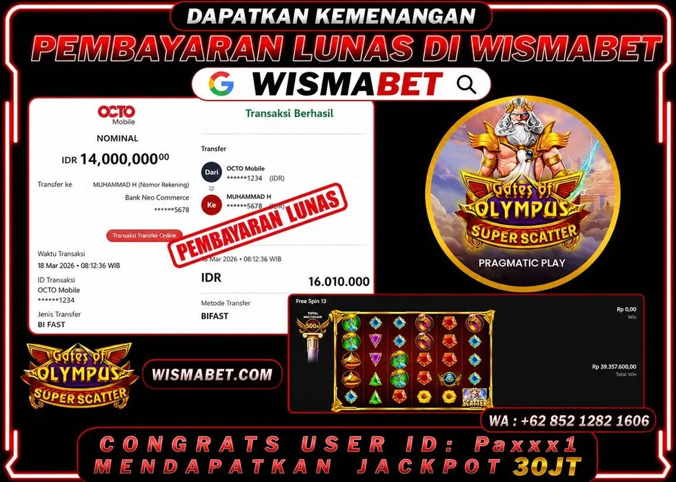 Wismabet - BUKTI KEMENANGAN Gates Of Olympus Superscatter Rp30,010,000,- LUNAS